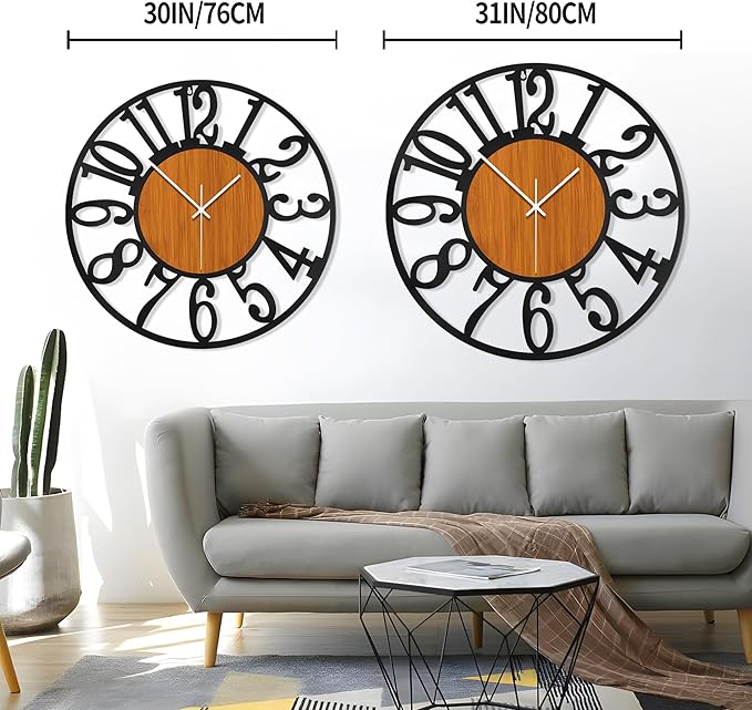 LEIKE 32" Oversized Large Wall Clocks,Silent,Non Ticking,Battery Operated Modern Round Big Wood Decorative Metal Wall Clock for Living Room, Bedroom,Kitchen,Farmhouse,Office Decor - Black,32 Inch-Ruum Studio Home