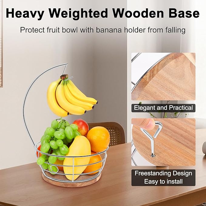 Livabber Countertop Fruit Basket Bowl with Banana Hanger, Modern Standing Fruit Vegetable Bowl Storage, with Banana Tree Holder for Kitchen Dinning Table (Round Wood, Chrome)-Ruum Studio Home
