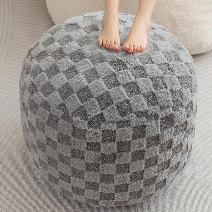 HIGOGOGO Round Stuffed Pouf Ottoman, Plaid Poufs with Foam Chunk Filling, Fluffy and Furry Pouf Foot Stool Storage Ottoman, 26 X 18 Floor Poufs Foot Rest for Living Room, Grey-Ruum Studio Home