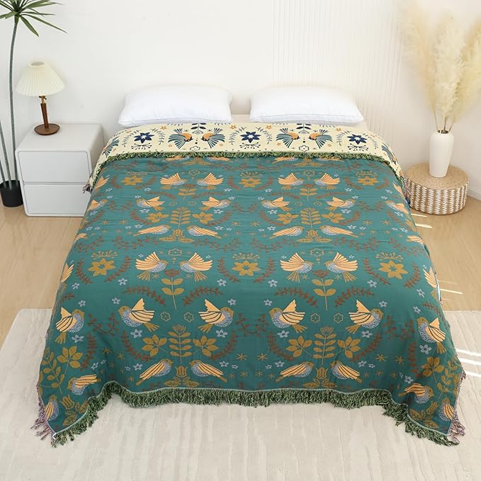 Boho Throw Blanket for Bed, 100% Pure Cotton Ultra Soft Rustic Quilt, Farmhouse Decor Bed Blankets, All Season Rustic Throw for Sofa Couch Chair(80''x 90'', Bird A)-Ruum Studio Home