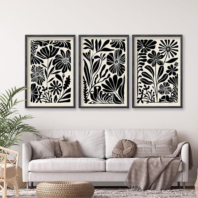 Abstract Floral Botanical Wall Art 16x24 Inch 3 Piece Black Vintage Boho Plant Flower Minimalist Wood Frame Sign Home Living Room Family Office Mid Century Print Wall Hanging Decor (Black)-Ruum Studio Home