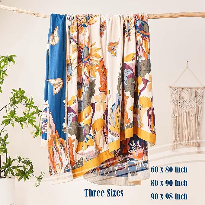 Boho Throw Blanket, 100% Cotton Ultra Soft Luxury Throw Rustic Quilt, 90"x98" Floral Bird Butterfly Farmhouse Decor Bed Blankets, All Season Rustic Reversible Bohemian Throw for Bed - Yellow-Ruum Studio Home
