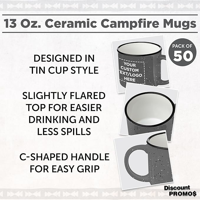 DISCOUNT PROMOS Custom Ceramic Campfire Coffee Mugs 13 oz. Set of 50, Personalized Bulk Pack - Perfect for Tea, Espresso, Cappuccino, Hot Cocoa - Grey-Ruum Studio Home
