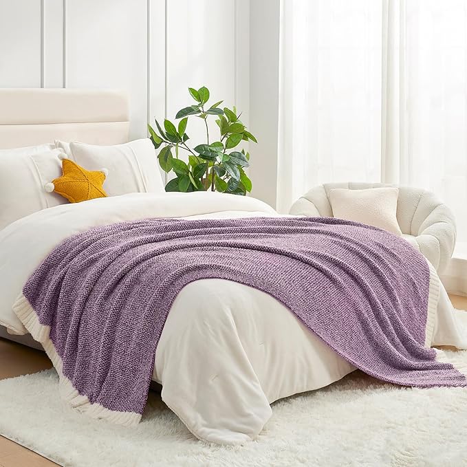 Snuggle Sac Buttery Purple Throw Blanket for Couch, Reversible Super Soft Knitted Blankets, Warm Cozy Knit Fuzzy Plush Lightweight Throws Dupes for Sofa, Bed, Picnic, Purple, 50 x 70 inches-Ruum Studio Home