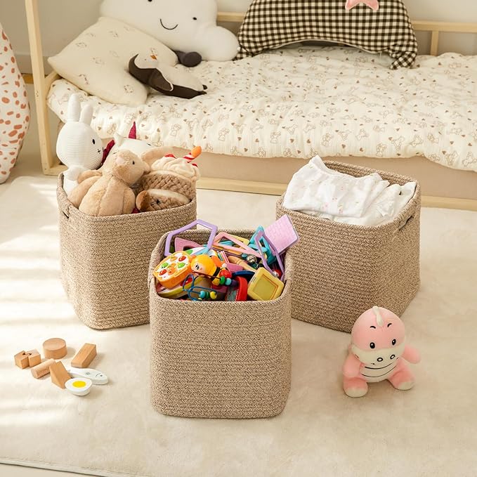 OIAHOMY Storage Cubes 11 Inch Storage Bins-3-Pack, Cotton Rope Woven Baskets for Organizing, Square Storage Baskets for Shelves Organizer, Classroom, Kids Toy Bins, Closet, Baby Nursery-Brown-Ruum Studio Home
