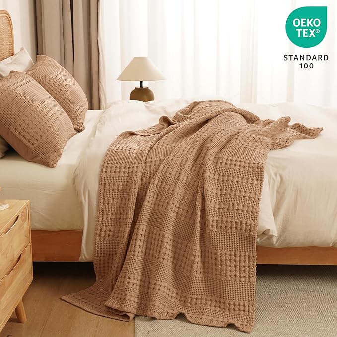 PHF 100% Cotton Waffle Weave Throw Blanket, Soft Lightweight Breathable Cozy Summer Throws for Couch Bed Sofa, Luxury Aesthetic Woven Blanket for Home Decor & Office, 50"x60", Camel-Ruum Studio Home