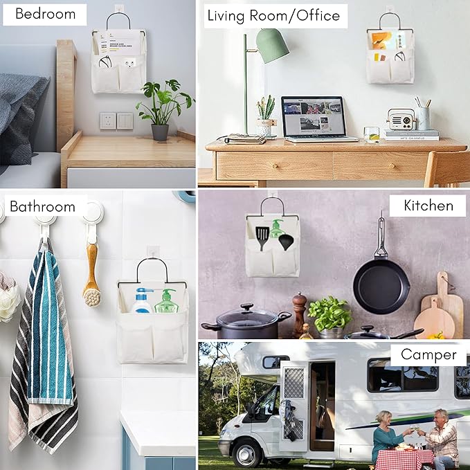 2pcs Small Wall Hanging Organizer Bag, Linen Fabric Door Hanging Storage Basket with Pockets, Waterproof Bin for Kitchen, Bedroom, Office, RV Camper (White)-Ruum Studio Home