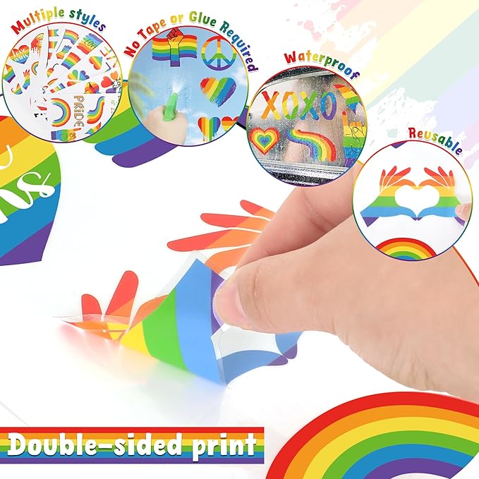 9 Sheets LGBT Rainbow Window Clings, Pride Decorations Window Cling, Gay Love Heart Stickers, Double-Side Pride Wall Clings Decals for Pride Day LGBTQ Rainbow Party Parades Supplies Decor-Ruum Studio Home