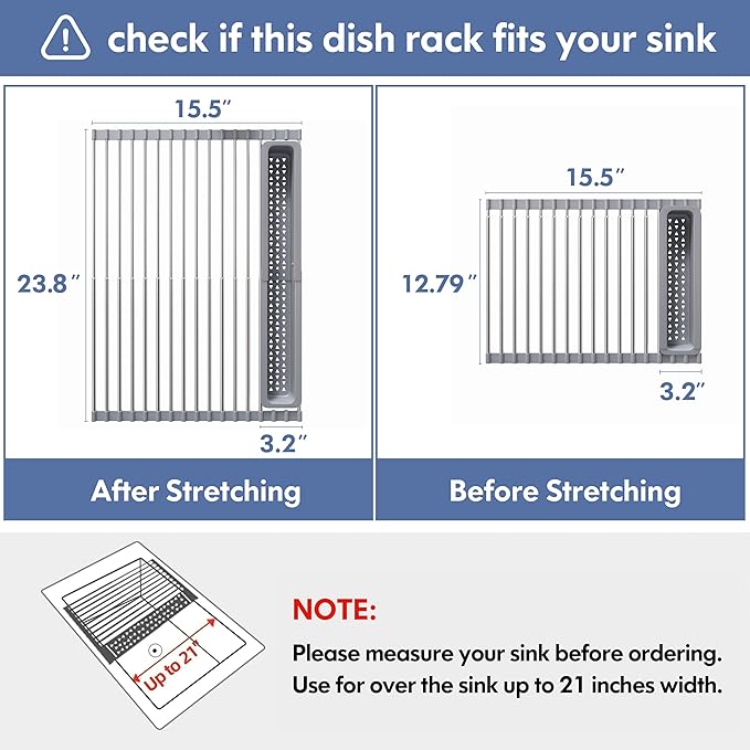 Over The Sink Dish Drying Rack for Kitchen, Expandable (12.8"-23.8" D x 15.5" W) Roll Up Dish Drainer with The Function of Fordable, Rust Proof, Large Sink Cover with Removable Utensil Holder-Ruum Studio Home