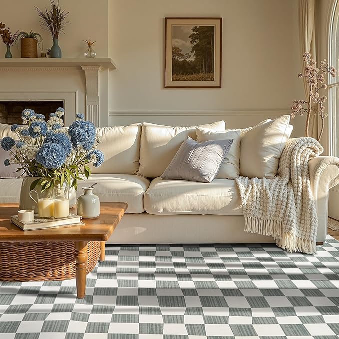 jinchan 6x9 Checkered Area Rugs for Kids Room - Machine Washable Soft Rug Modern Geometric Lattice Non-Slip Carpet for Nursery Playroom Classroom Living Room Bedroom Dining Room Home Office Grey-Ruum Studio Home