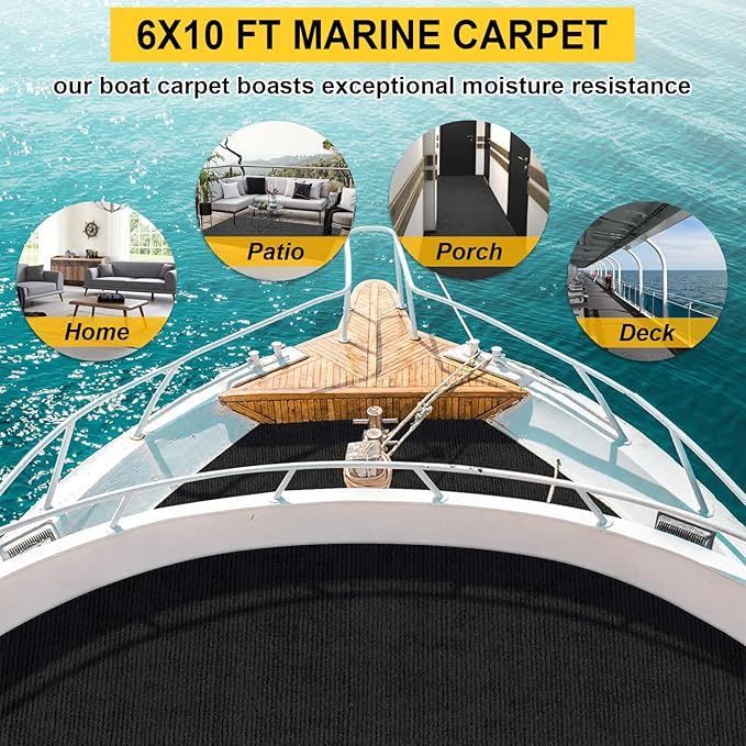 Marine Carpet - 6 FT x 10 FT Black Indoor Outdoor Rug (0.2" Thick) with Water-Proof TPE Backing, Non-Slip Outdoor Marine Carpet Roll for Home, Patio, Porch, Deck-Ruum Studio Home