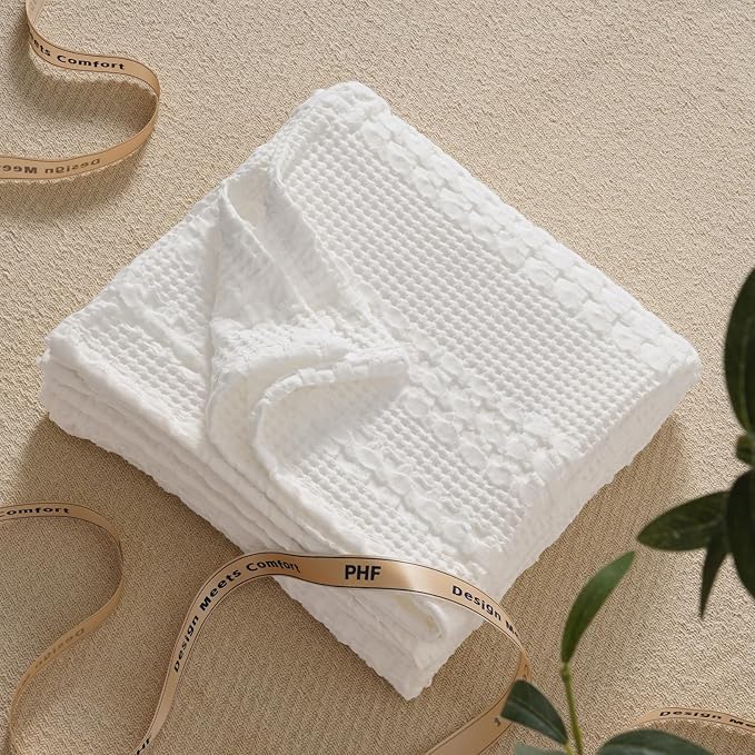 PHF 100% Cotton Waffle Weave Throw Blanket, Soft Lightweight Breathable Cozy Summer Throws for Couch Bed Sofa, Luxury Aesthetic Woven Blanket for Home Decor & Office, 50"x60", White-Ruum Studio Home