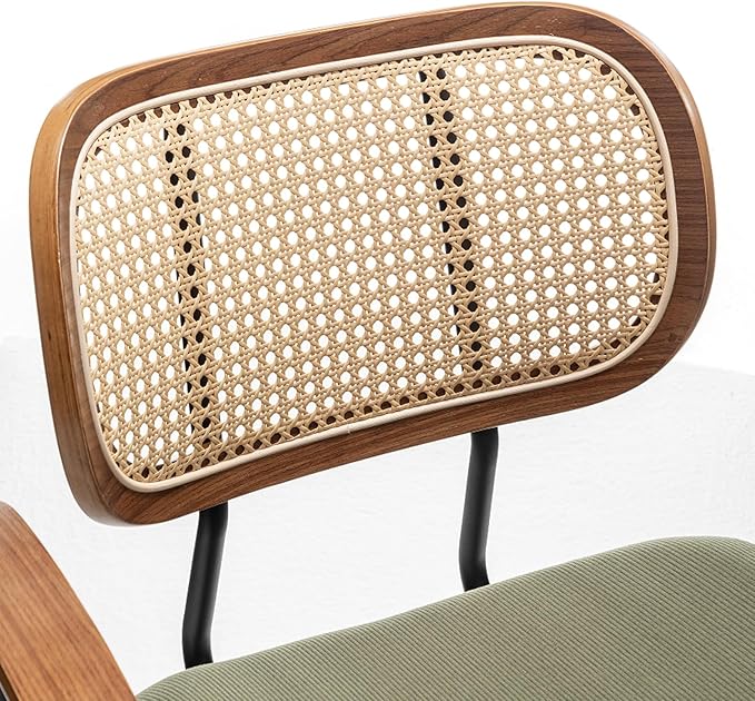 Rattan Dining Room Chairs Set of 2,Mid Century Modern Kitchen Side Chairs,Metal Legs Desk Chairs,Green Modern Corduroy Fabric Accent Chairs with Arms and Rattan Backrest-Ruum Studio Home