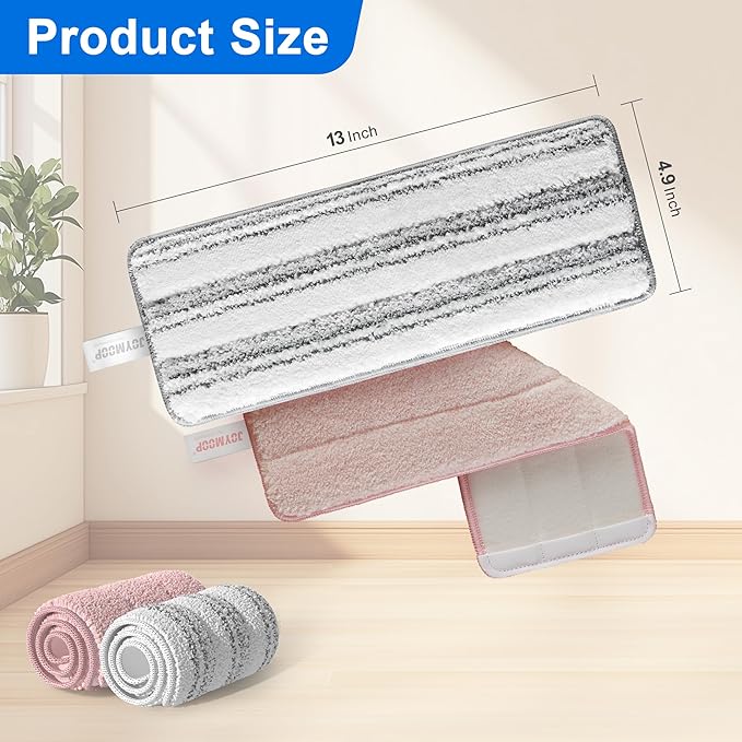 JOYMOOP Mop Replacement Pads, Reusable Microfiber Mop Pads for 13-inch Flat Mop and Mop Bucket Set, Pack of 4 Refills - Stripe and Pink-Ruum Studio Home