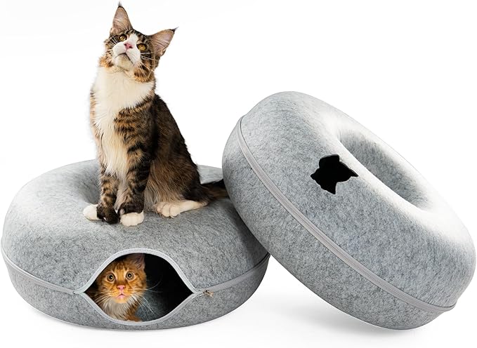 Cattasaurus Peekaboo Cat Cave, Extra Spacious for Multiple & Large Cats 12+ lbs, Scratch Detachable Beds for Indoor Cats, Washable Tunnel Bed, Comfy Cat Donut Tunnel (Light Gray+Light Gray, Jumbo)-Ruum Studio Home