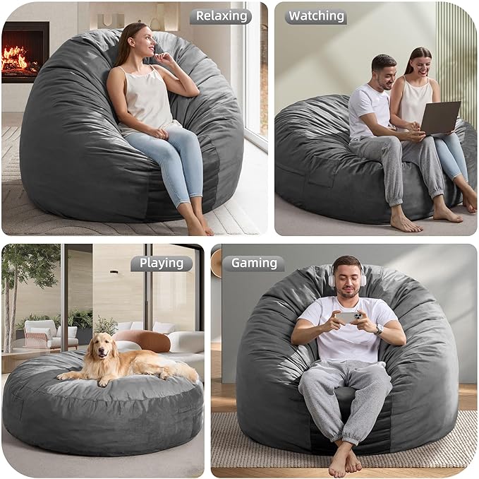 Hobestluk 6FT Bean Bag Chair Bean Bag Chairs for Adults Giant Bean Chairs with Velvet Cover, Memory Foam BeanBag Chair Fluffy BeanBag Chairs for Living Room, Bedroom- Grey (70" x 70" x 15")-Ruum Studio Home