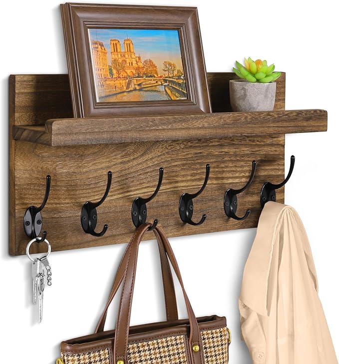 Shelf with Hooks, Coat Rack Wall Mount with 6 Double Metal Hooks, 17 Inch Farmhouse Wall Hooks with Shelf, for Entryway, Bathroom, Kitchen, Rustic Brown-Ruum Studio Home