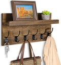 Shelf with Hooks, Coat Rack Wall Mount with 6 Double Metal Hooks, 17 Inch Farmhouse Wall Hooks with Shelf, for Entryway, Bathroom, Kitchen, Rustic Brown-Ruum Studio Home