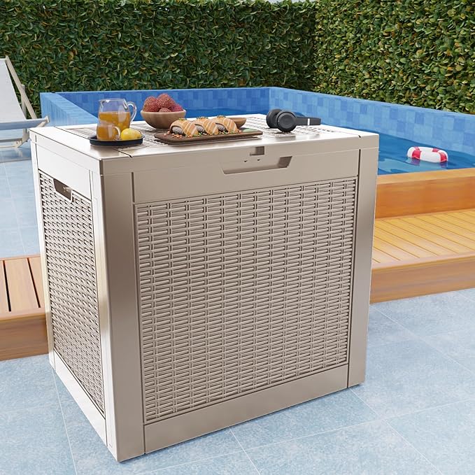 36 Gallon Outdoor Deck Box,Storage Lockable Waterproof Patio Furniture,Garden Tools,Cushions,Pool Accessories Outside Storage Resin Box(Grey Pattern)-Ruum Studio Home