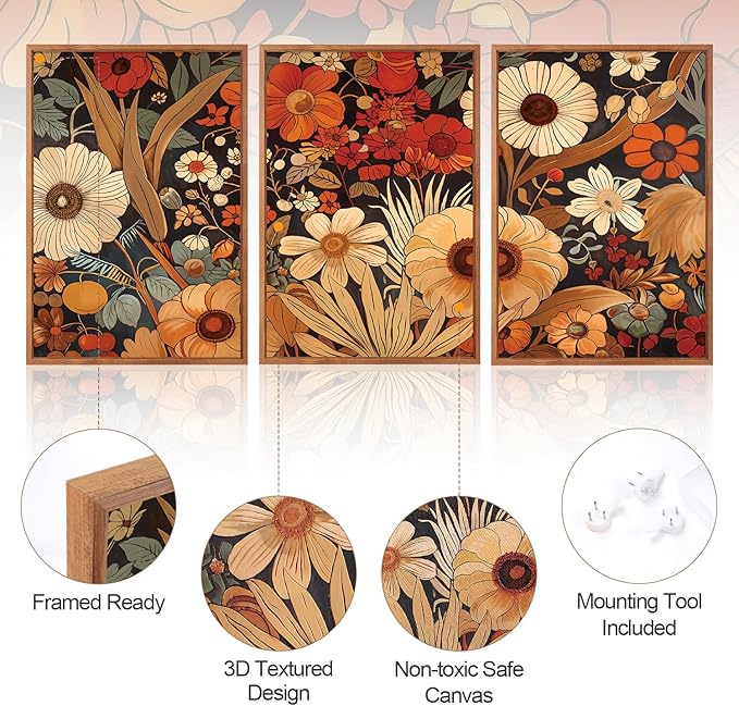 Aurlan Boho Burnt Orange Terracotta Wildflowers Framed Wall Art(16"x24"), 3 PCS Abstract Floral 3D Textured Canvas Artwork, Large Modern Vintage Botanical Nature Art Wall Decor for Home Office Living Room Bedroom-Ruum Studio Home