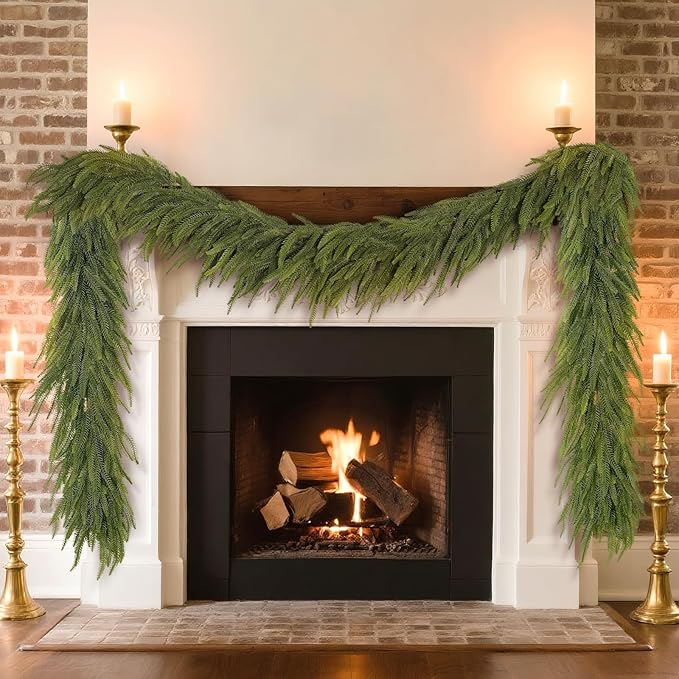 9FT Christmas Norfolk Pine Garland -2PCS, Artificial Pine Needles Garlands Faux Greenery Fake Garland for Holiday Fireplace,Table,Window,Stairs,Mante,Indoor Outdoor Decor-Ruum Studio Home