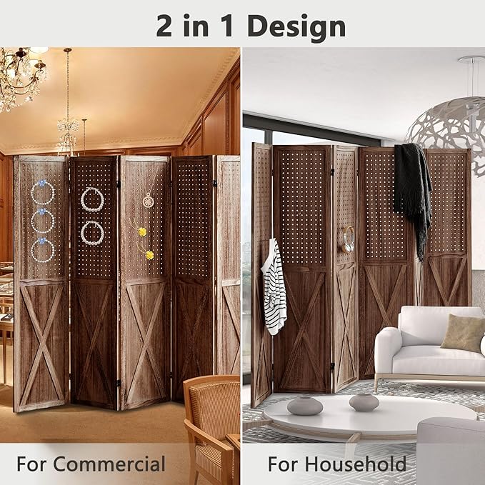 6 Panel Pegboard Room Divider, 5.6Ft Pegboard Display Folding Privacy Screens, Wood Room Divider Peg Board Display Freestanding for Trade Show Craft Show Home Wall Organizer, Brown-Ruum Studio Home