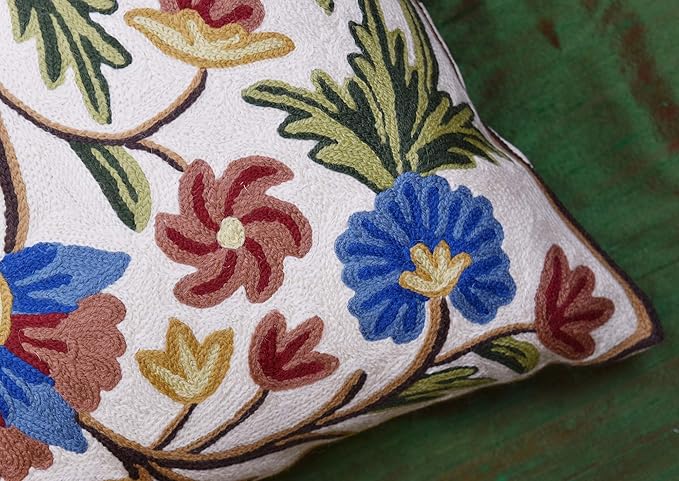Dahlia Floral Pillow Cover - Cream Flower Pillowcase - Outdoor Cushion - Suzani Farmhouse Chair Throw - Traditional Chair Cushions - Hand Embroidered Wool Size - 18x18-Ruum Studio Home