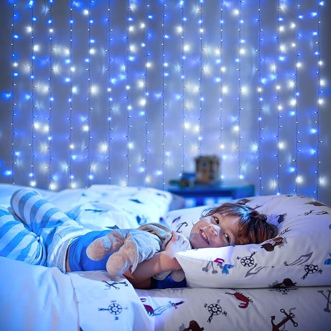 JMEXSUSS 300LED Christmas Curtain Lights Plug in with Remote, Blue and White Christmas Lights Indoor Outdoor, 8 Modes Hanging Fairy String Lights for Bedroom Window Wall Yard Patio Decor, 9.8x9.8ft-Ruum Studio Home