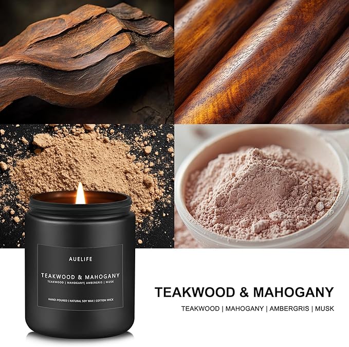 Teakwood & Mahogany Candle | Masculine Candles for Men, Gifts for Men - Soy Candle for Home Scented - Scented Candles for Home, Aromatherapy Gifts Long Lasting Burn Time - 7oz Black Jar-Ruum Studio Home