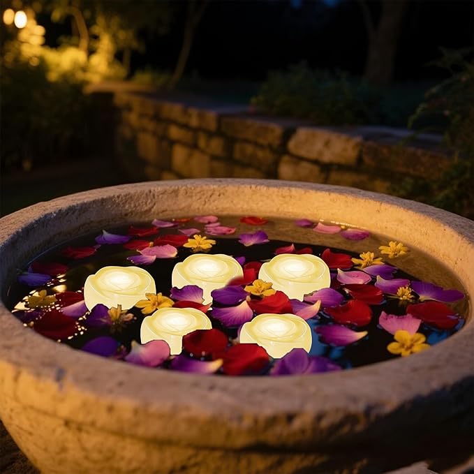 Aignis 12pcs Flameless LED Floating Candles, Ivory Rose Plastic Tealights Battery Operated, 120+ Hours Glow Time, Cozy Light for Romantic Pool/Bathtub/Hot Bath/Wedding Centerpiece Decor(D2.83*H1.42)-Ruum Studio Home
