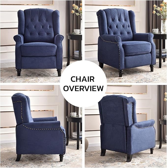 EBELLO 2 Pcs Pushback Recliner Chairs, Fabric Armchair Push Back Recliner with Rivet Decoration, Single Sofa Accent Chair for Living Room, Bedroom, Blue-Ruum Studio Home