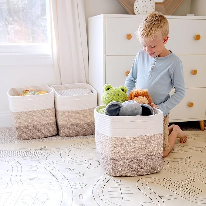 NaturalCozy 13x15x13 Kallax Storage Cubes Bins, 3 Pack | Cotton Rope Cube Storage Bin Woven Baskets for Organizing | Kallax Insert Storage Baskets for Shelves Organizer, Kids Toy, Closet Baby Nursery-Ruum Studio Home