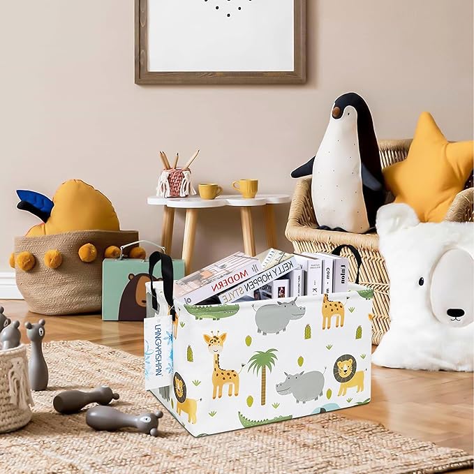 LANGYASHAN Rectangular Storage Bin Collapse Canvas Fabric Cartoon Storage Basket with Handles for Organizing Home Kitchen Boys and Girls Toys Office Closet Shelf Baskets (Rec animal)-Ruum Studio Home