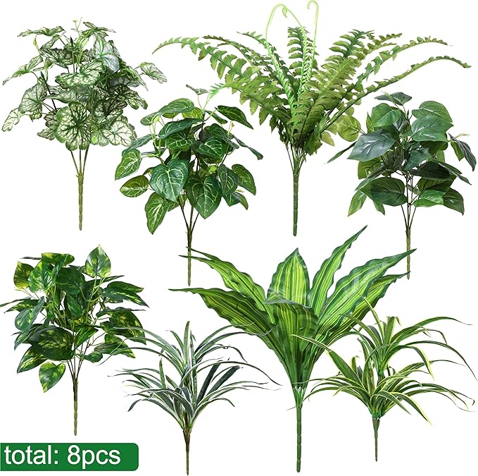Artificial Greenery Plants Fake Plastic Leaves with Stems UV Resistant Large Bunches Outside Faux Plants Bushes for Outdoor Patio Garden Front Porch Yard Decor (Green)-Ruum Studio Home