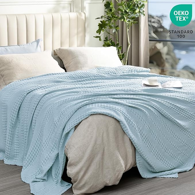 PHF Cooling Waffle Blanket King Size, Lightweight 60% Rayon Derived from Bamboo & 40% Cotton Breathable Blanket for Hot Sleepers, Soft and Luxury for Bed Couch and Sofa,104"x90",Sky Blue-Ruum Studio Home