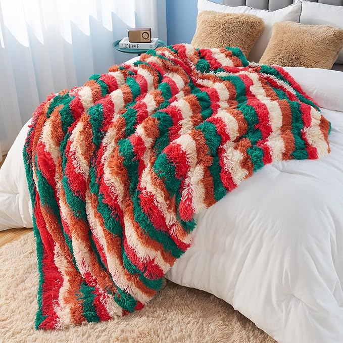 GONAAP Fuzzy Faux Fur Throw Blanket Stripe Red Brown Super Soft Cozy Plush Fuzzy Shaggy Blanket for Couch Sofa Bed (Stripe Red Brown, Throw(50"x60"))-Ruum Studio Home