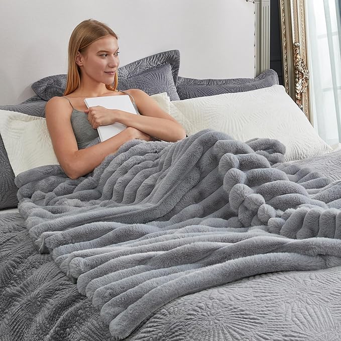 Cozy Bliss Faux Fur Throw Blanket for Couch, Cozy Warm Plush Striped Blanket for Sofa Bedroom Living Room,60 * 80 Inches Grey-Ruum Studio Home