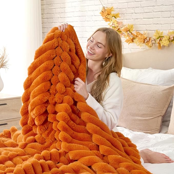 Cozy Bliss Fall Harvest Faux Fur Throw Blanket for Couch, Cozy Warm Plush Striped Blanket for for Decorating Couch Sofa Bedroom Living Room,50 * 60 Inches Burnt Orange-Ruum Studio Home