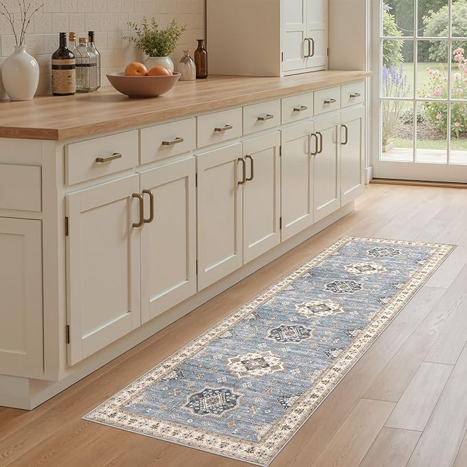 Washable 2x6 Runner Rug - Area Rugs Neutral Vintage Distressed Floral Farmhouse Boho Large Soft Floor Rug Indoor Carpet for Hallway Entryway Bedroom Kitchen - Blue-Ruum Studio Home