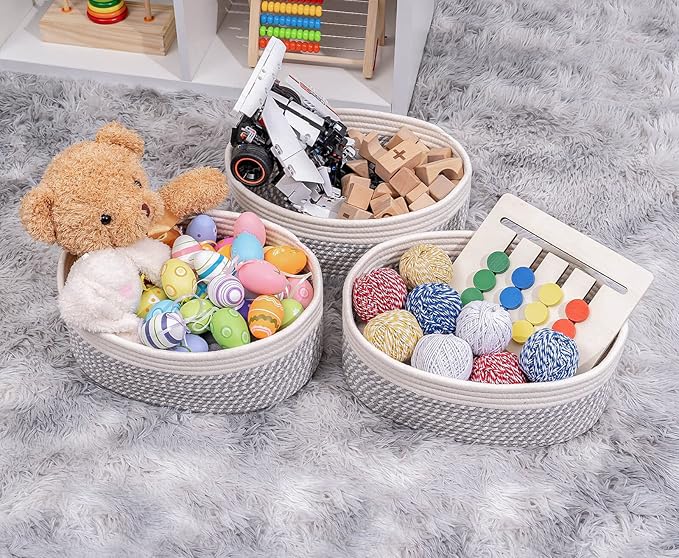 Shelf Storage Baskets for Organizing|Decorative Basket for Closet Storage|Toy Baskets&Bins|Small Woven Rope Baskets-13x8.66x5.11’’,Durable&Stylish,Oval 3 Packs Off White&Mixed Gray-Ruum Studio Home