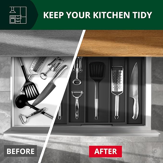 ROYAL CRAFT WOOD Luxury Bamboo Kitchen Drawer Organizer - Silverware Organizer - Utensil Holder and Cutlery Tray with Grooved Drawer Dividers for Flatware and Kitchen Utensils (5 Slot, Black)-Ruum Studio Home