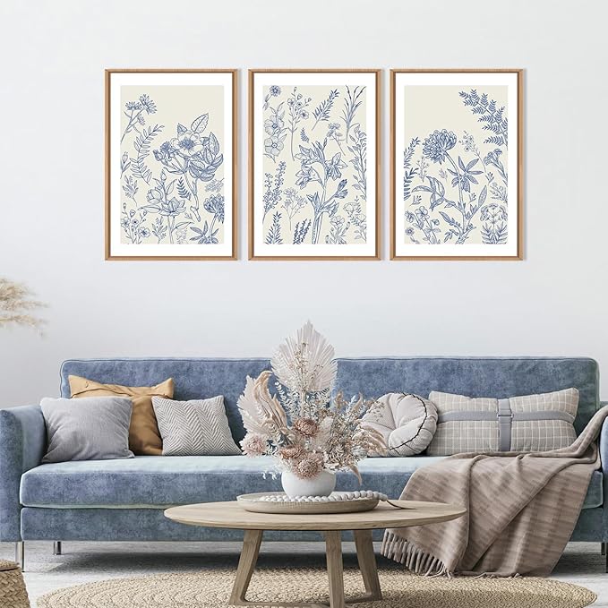 HPINUB Classic Chinoiserie Floral Framed Canvas Wall Art Set,Watercolor Blue and White Botanical Flowers Wall Decor,Navy Blue Minimalist Wildflower Art Print for Living Room,Bedroom,Office-24x36x3-Ruum Studio Home