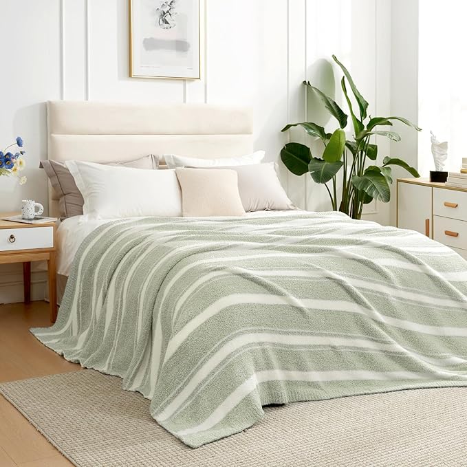Snuggle Sac Stripe Sage Green Blanket Twin Size, Reversible Super Soft Warm Bed Blankets, Cozy Knit Fuzzy Blanket for Bed,Sofa, Living Room, Stripe Green, 60"x80"-Ruum Studio Home