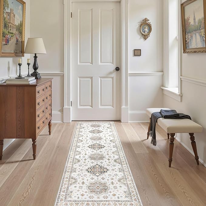 Washable 2x6 Runner Rug - Area Rugs Neutral Vintage Distressed Floral Farmhouse Boho Large Soft Floor Rug Indoor Carpet for Hallway Entryway Bedroom Kitchen - Blue Brown-Ruum Studio Home