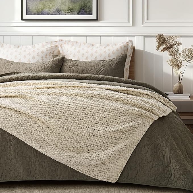 Chunky Chenille Knit Throw Blanket for Couch, Soft Luxurious Moss Stitch Blankets for Bed, Cozy Decorative Farmhouse Knitted Throws for Sofa, Beige, 60" x 80"-Ruum Studio Home