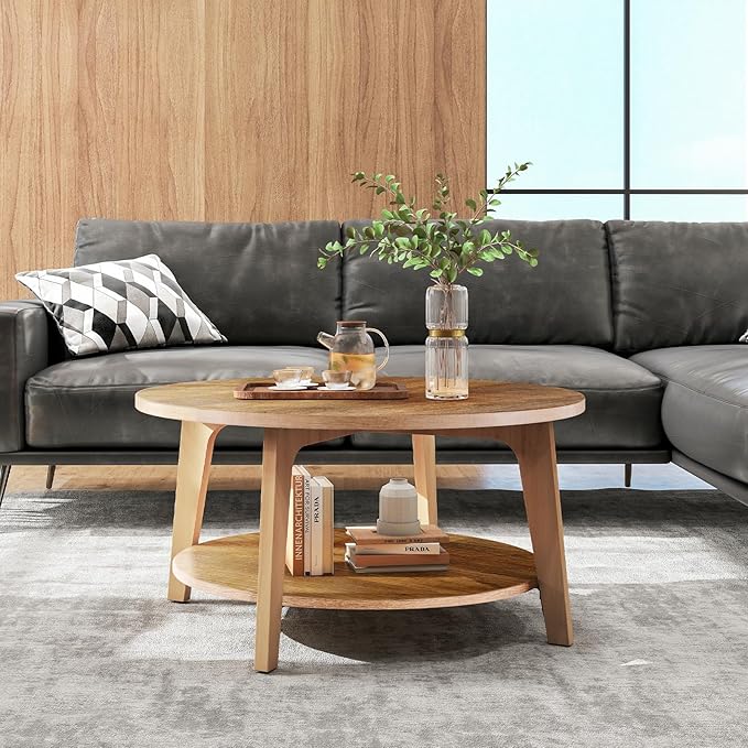 Sweetcrispy Round Coffee Table, 36'' Wood Coffee Tables for Living Room with Storage, 2-Tier Center Circle Counter with Wooded Desktop, 50 lbs Capacity, Anti-Slip Feet, Modern Farmhouse Design, Brown-Ruum Studio Home