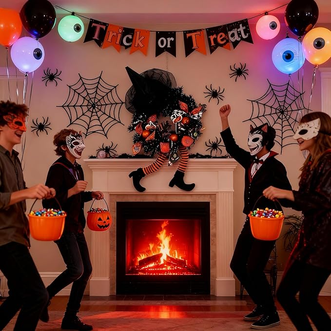 Happy Halloween Wreath for Front Door Decoration with Skeleton Artificial Bone Orange Ornaments Maple Leaf for Party Decor (Halloween Orange)-Ruum Studio Home