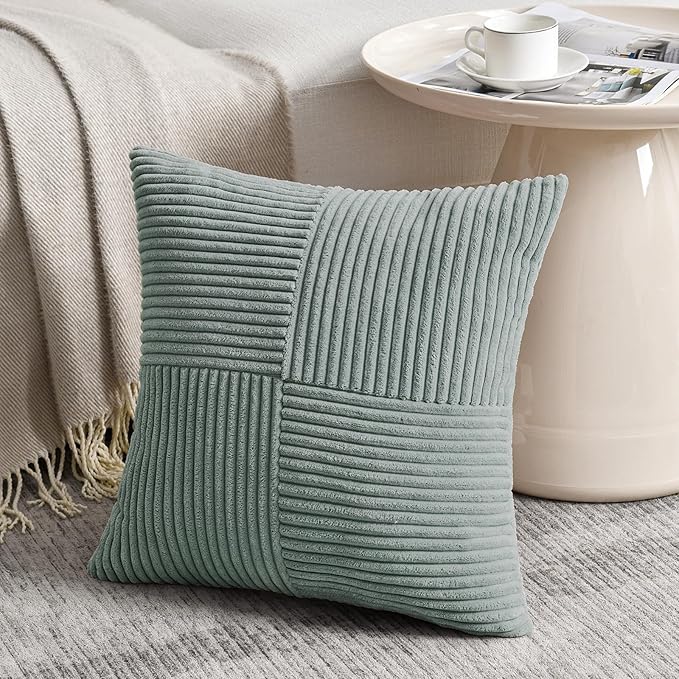 Fancy Homi 2 Packs Grey Blue Decorative Throw Pillow Covers 16x16 Inch for Couch Bed Sofa, Rustic Farmhouse Boho Home Decor, Soft Corss Patchwork Corduroy Textured Square Cushion Case 40x40 cm-Ruum Studio Home