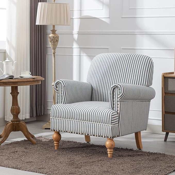 chairus Linen Accent Chair for Living Room Set of 2 Upholstered Mid Century Modern Single Sofa Chair with Solid Wood Legs Comfy Reading Armchair for Bedroom/Office Room/Recption/Lounge, Blue Stripe-Ruum Studio Home