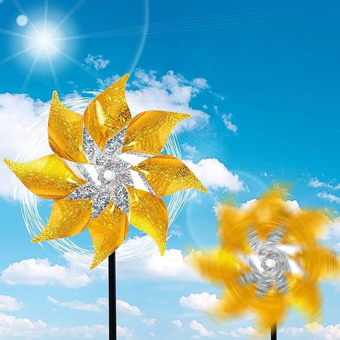 Hausse 10 Pack Reflective Pinwheels with Stakes, Extra Sparkly Pin Wheel for Garden Decor, Bird Repellent Devices Deterrent to Scare Birds Away from Yard Patio Farm, Golden-Ruum Studio Home